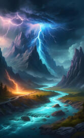 a river with mountains and a bright light in the sky