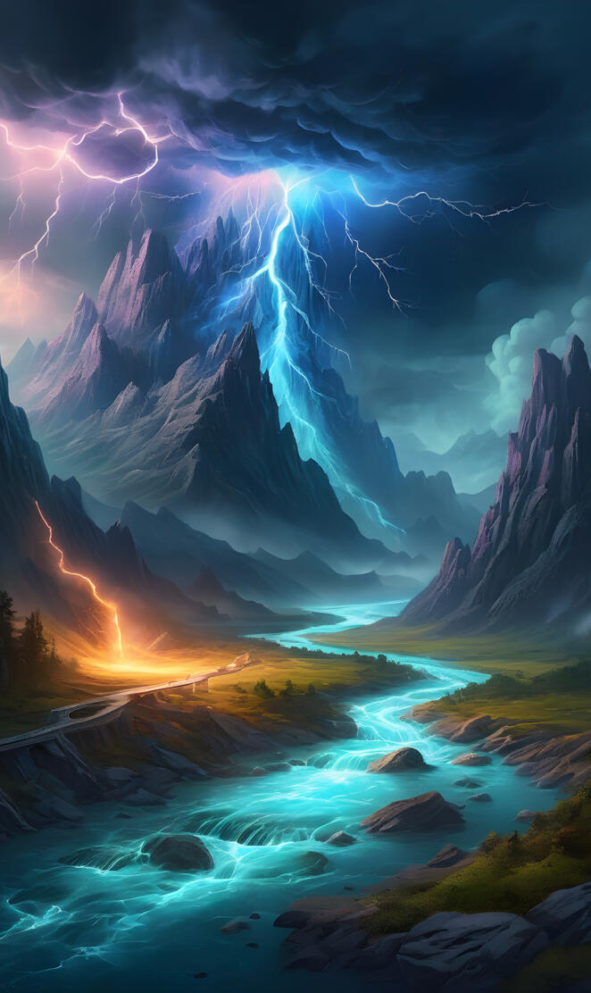 a river with mountains and a bright light in the sky