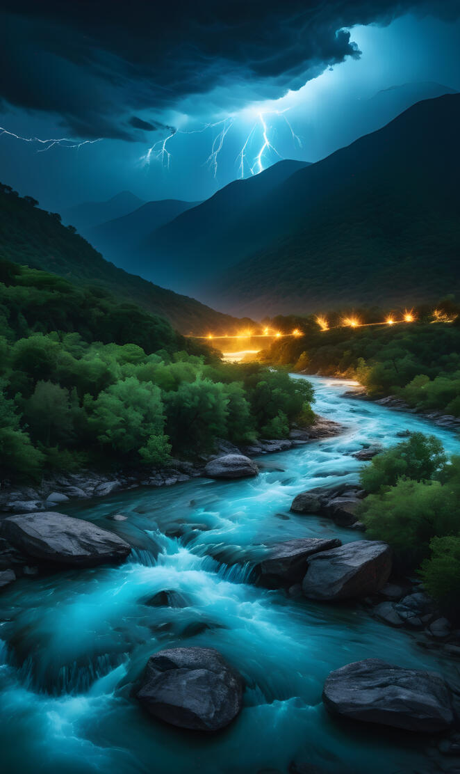 a river running through a valley with a city in the distance