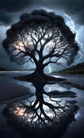 tree of Life reflection lightning strike reflection black sand