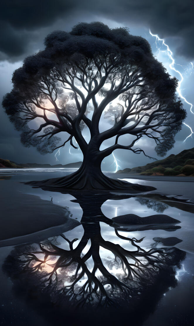 tree of Life reflection lightning strike reflection black sand