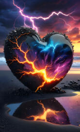 glass heart black sand reflection lightning strike reflection beach