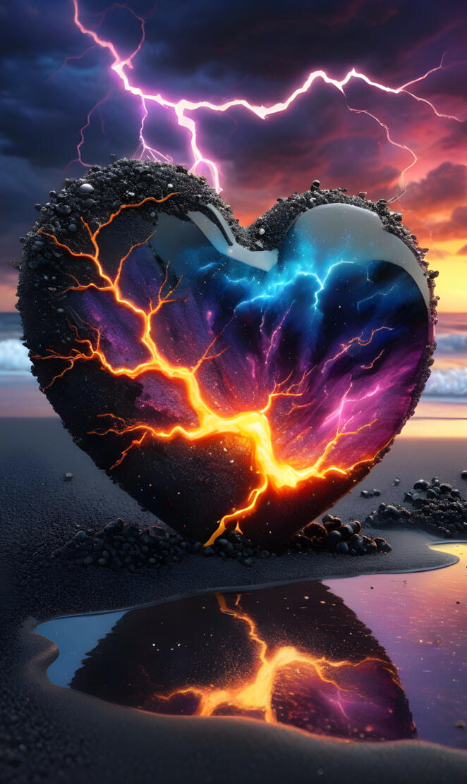 glass heart black sand reflection lightning strike reflection beach