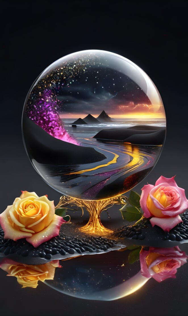 glass bubble reflection beach water black sand reflection rose's