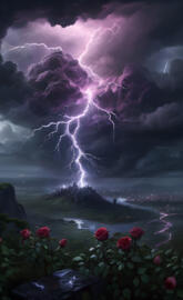 a lightning bolt striking a field of flowers