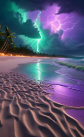 beach with green n purple lightning strikes