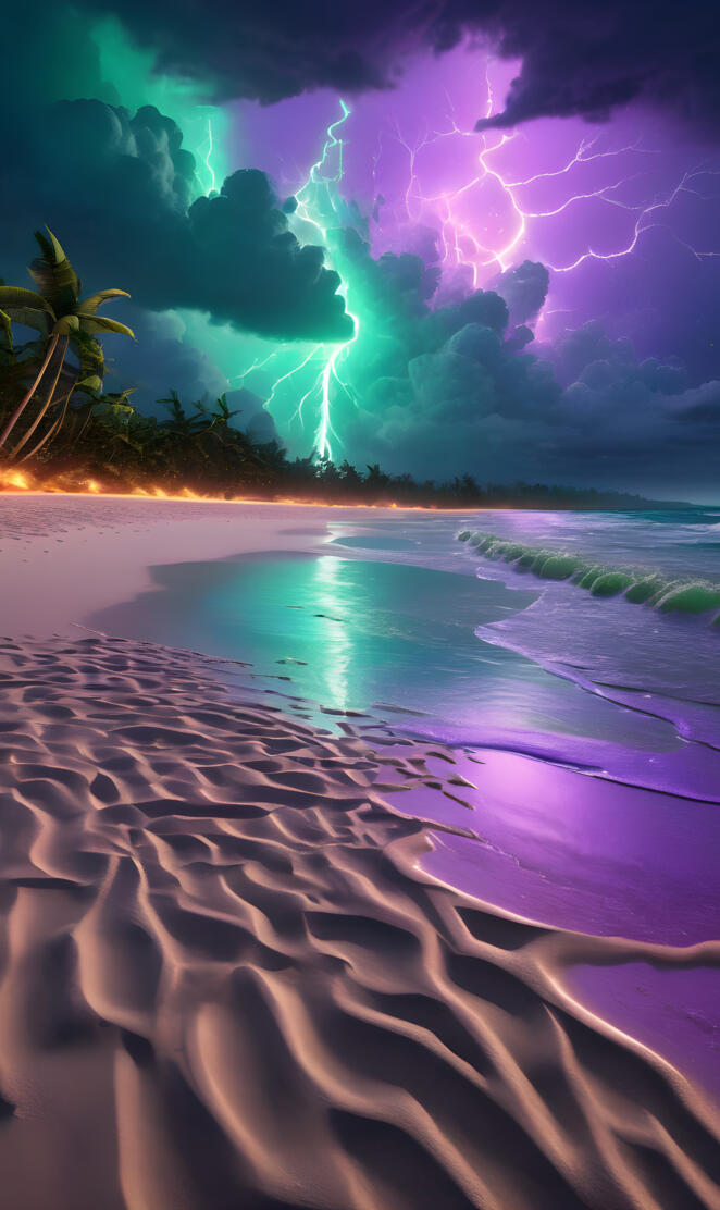 beach with green n purple lightning strikes