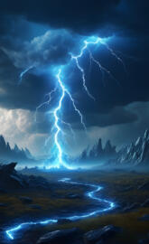 a
 mountain with a lightning bolt striking it