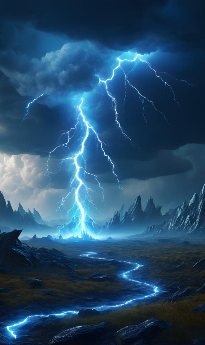 a
 mountain with a lightning bolt striking it