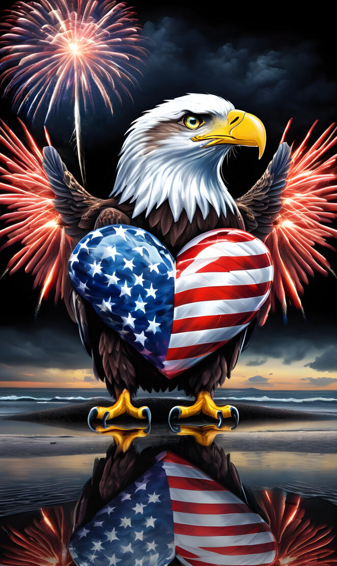 eagle reflection beach reflection fireworks American flag glass heart