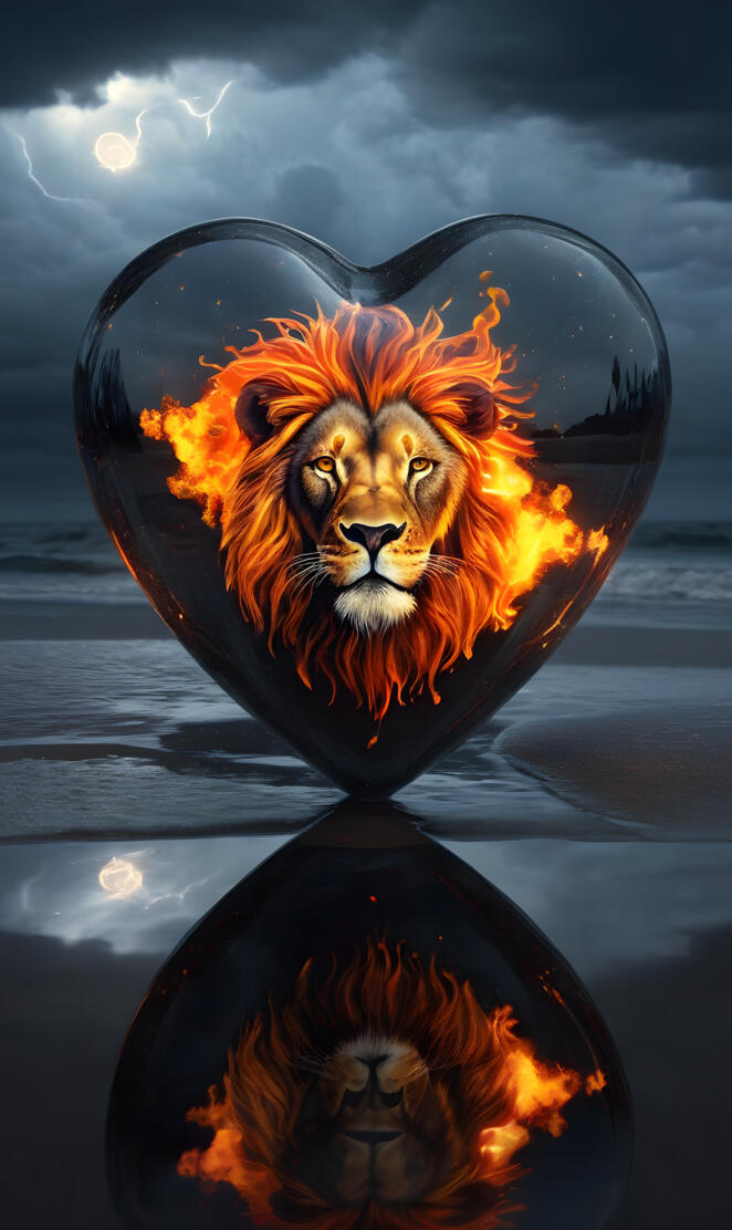 lion glass heart reflection lightning strike reflection Beach flames
