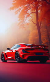 Vibrant red sports car parked on a scenic road surrounded