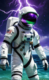 astronaut standing in the ocean with purple lighting