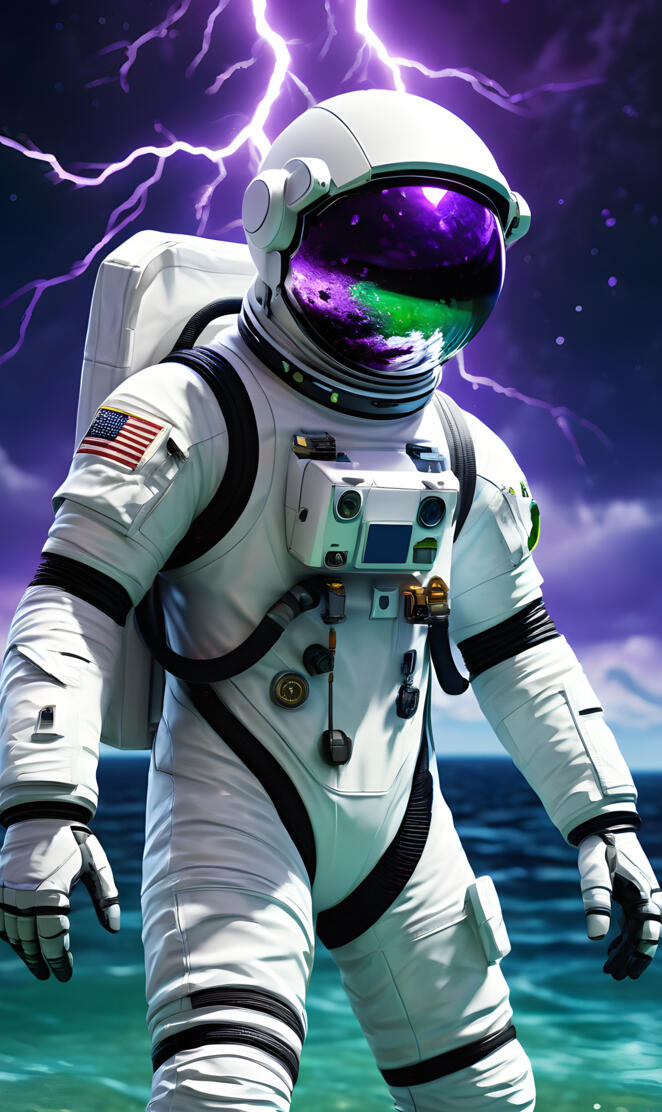 astronaut standing in the ocean with purple lighting