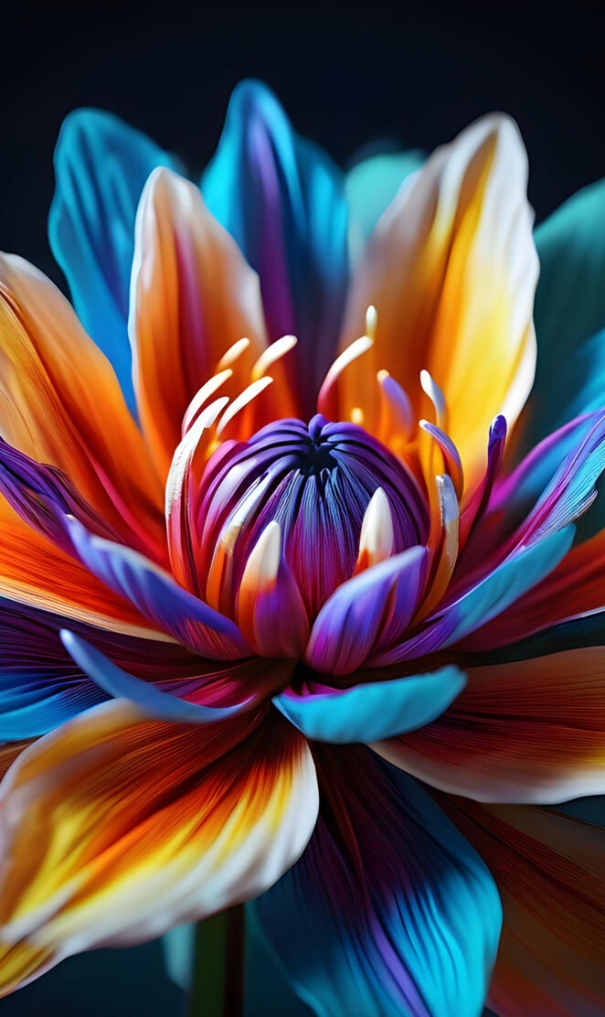 a colorful flower with a black center