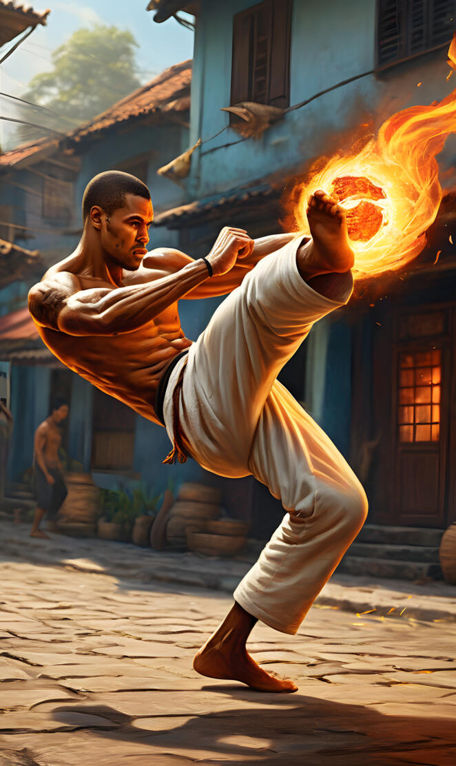 capoeirista with a fire kick