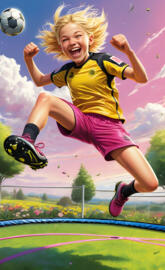 a girl jumping to kick a football ball