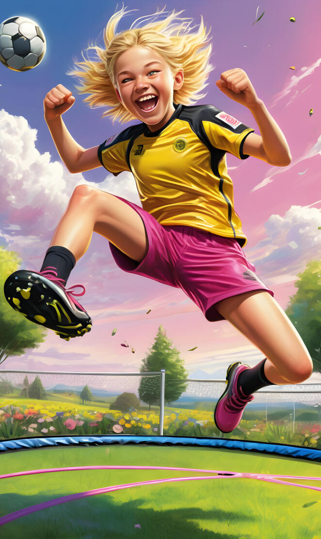 a girl jumping to kick a football ball