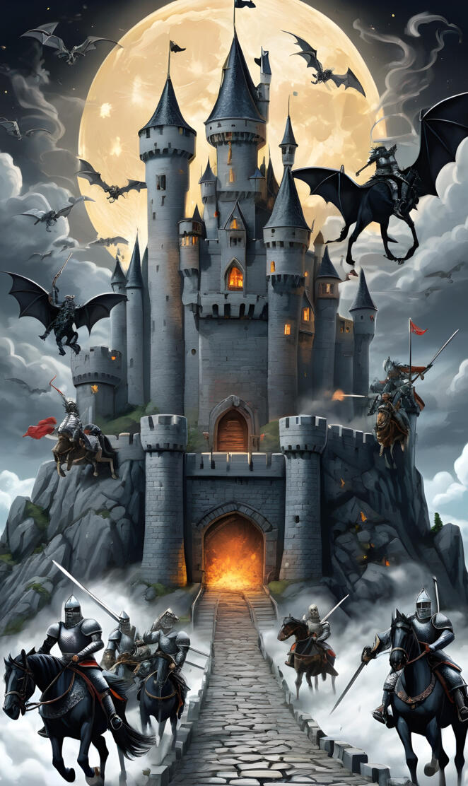 a castle with a group of horses