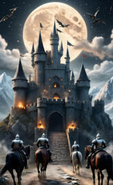 a castle with a group of people on horses in front of it