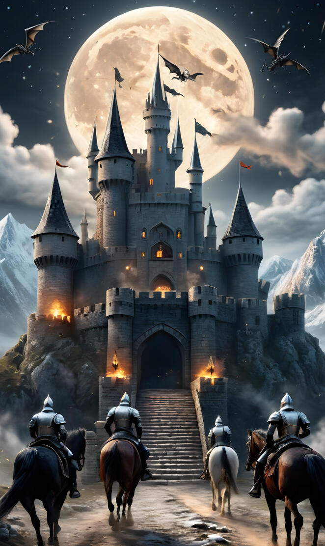 a castle with a group of people on horses in front of it