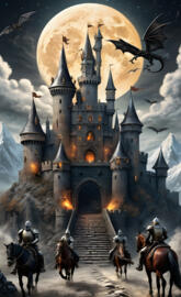 a castle with a few people on horses in front of it