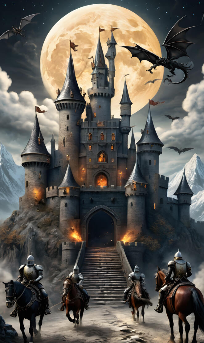 a castle with a few people on horses in front of it