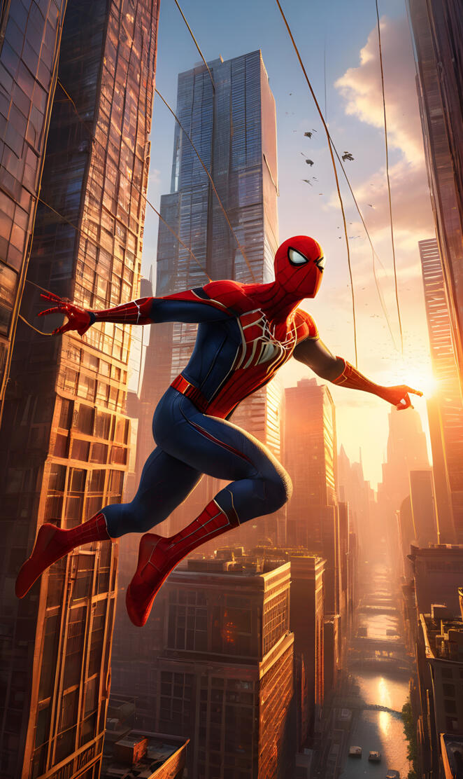 spidey swinging in the city