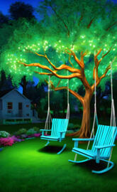 lighted trees, tree swings, blue, green
