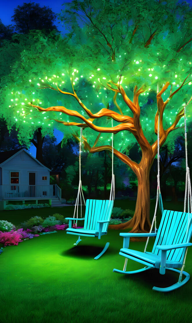 lighted trees, tree swings, blue, green