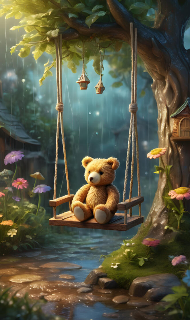 a teddy bear on a swing