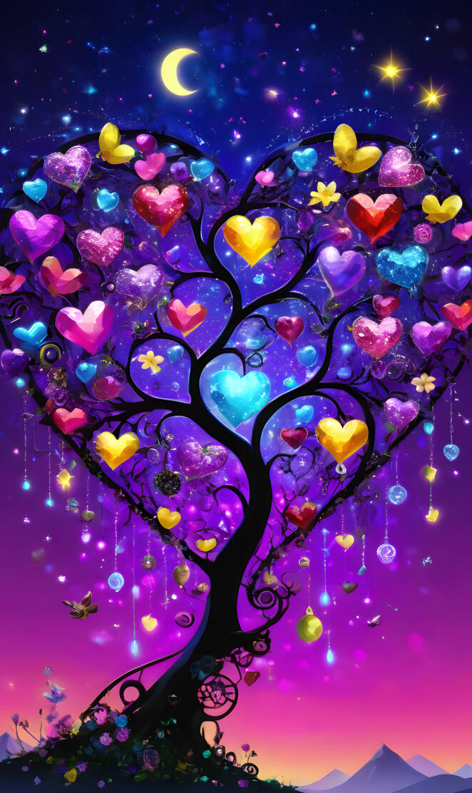 Brightly-Lit Heart-Shaped Tree at Night w/Lit Heart's
