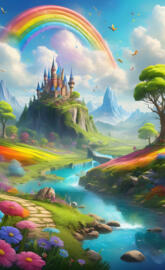 castle on a hill with a rainbow and flowers