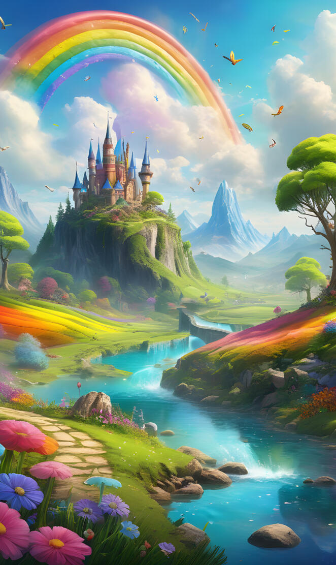 castle on a hill with a rainbow and flowers