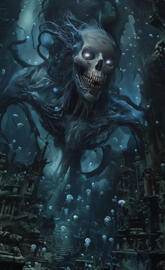 Ancient Submerged Kingdom With Bioluminescent Entity And Jellyfish