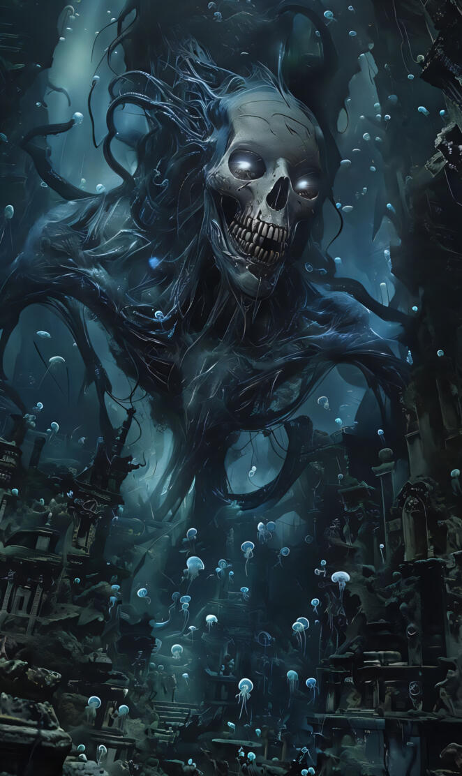 Ancient Submerged Kingdom With Bioluminescent Entity And Jellyfish