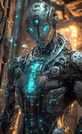 A 3D Robot character in a detailed, immersive environment