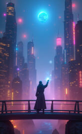 Cyberpunk Skyline: The Wanderer’s Moonlit City