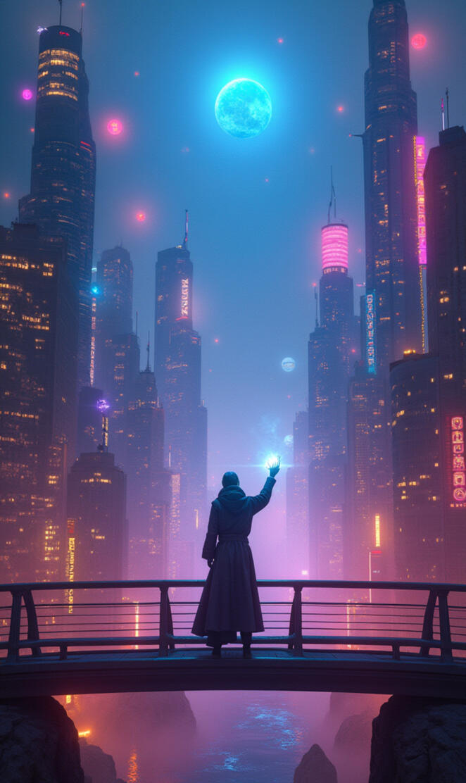 Cyberpunk Skyline: The Wanderer’s Moonlit City