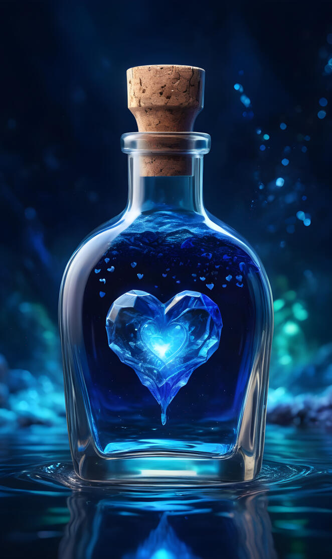 a bottle with a blue liquid in it