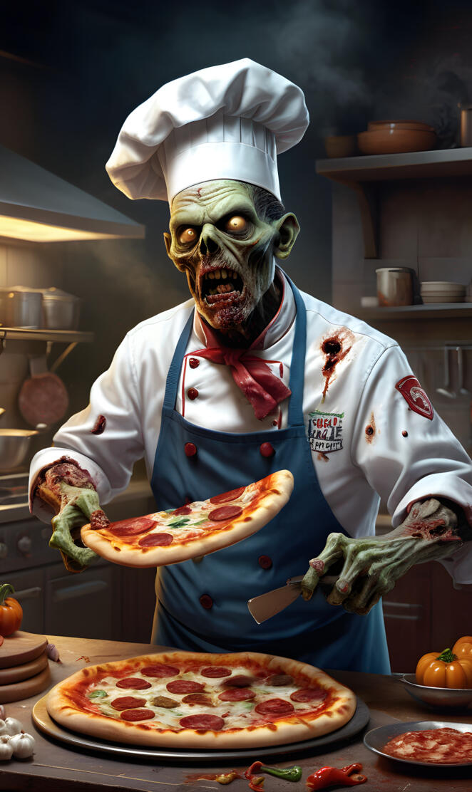 Zombie Chef baking pizza