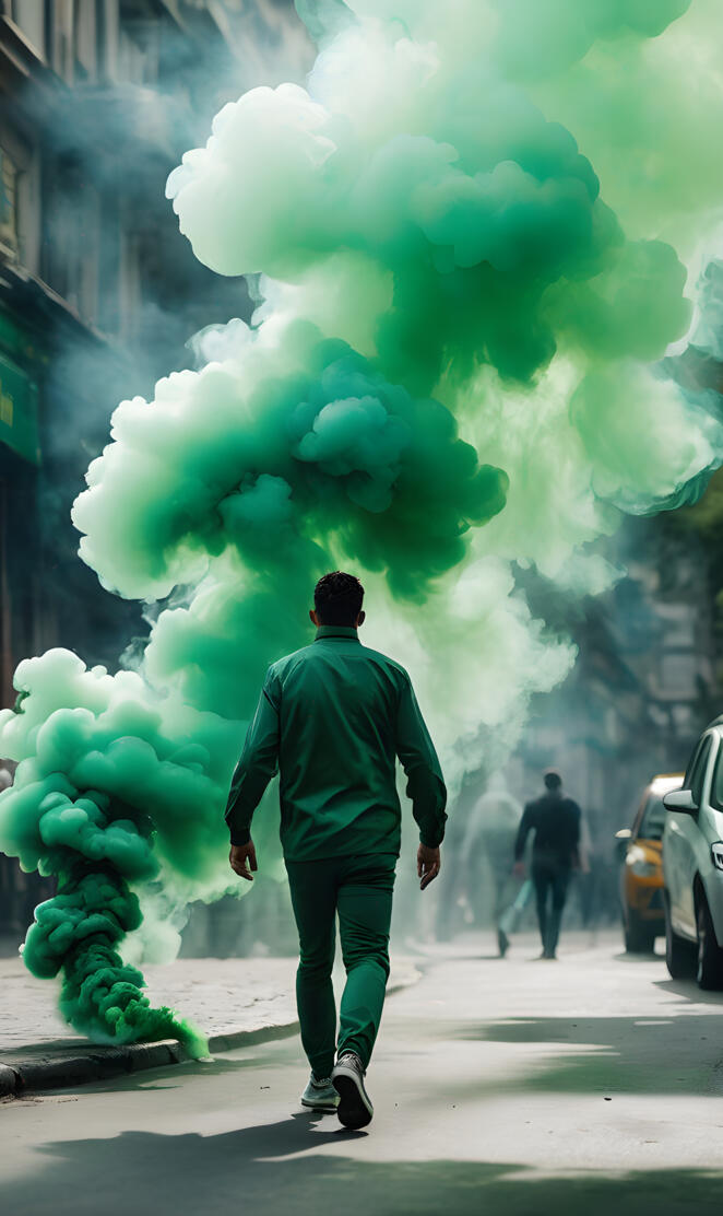man walking next to green smoke