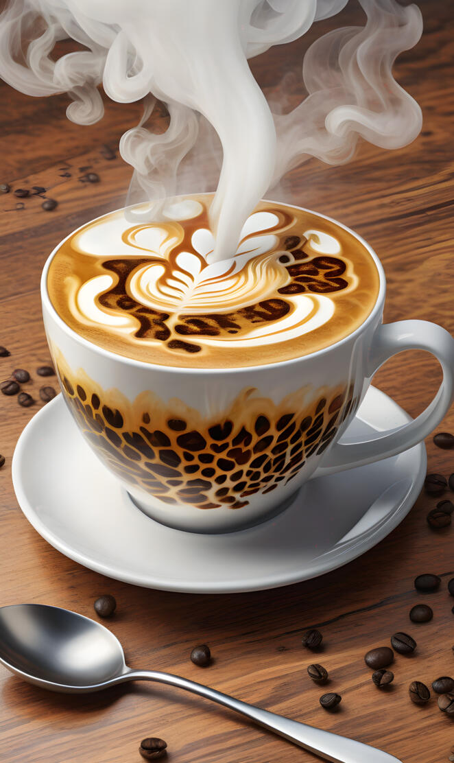 leopard print cup filled with coffee steam trippy insanely detailed