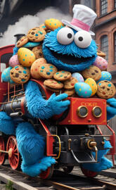 a train with a cartoon character on it