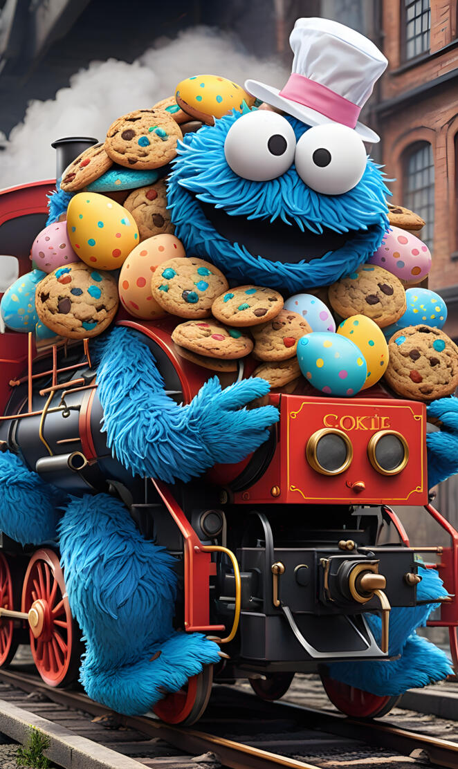 a train with a cartoon character on it