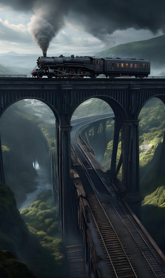 a train on a bridge dark sci-fi