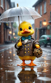 steam punk duck in rain