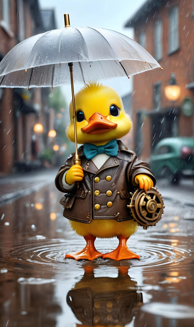 steam punk duck in rain