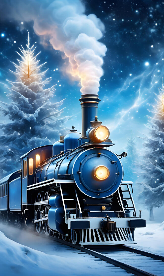 blue steam engine and season of white