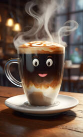 big glass of coffee with steam coming up, cute face on cup , beautiful